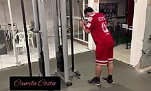 instructor touches dick on blonde in gym