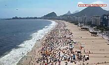 The young cariocas passionately fuck the russian tourist's ass in a group.