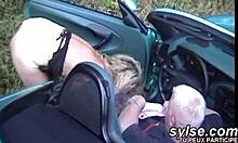 lesbian duo caught in car by firemen during steamy outdoor doggystyle in public.