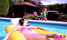 Inked gurlz - tattooed petite 18+ brunette gets fucked in outside family pool.