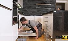 rim4k brilliant teen 18+ girl tastes asshole of handsome plumber in kitchen lingerie