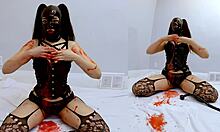 Goth Slut in Latex Gags on Long Dildo Messily