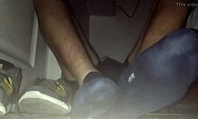 Blue Sweaty Socks and Barefeet Get Sticky Cumshot