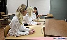 Three petite pupils spread tight pussies for their stunned lucky teacher