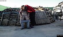 The FAT horny spanish couple FUCKS on a LOG outdoors exposing CUNT and ASS