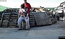 The FAT horny spanish couple FUCKS on a LOG outdoors exposing CUNT and ASS