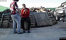 The FAT horny spanish couple FUCKS on a LOG outdoors exposing CUNT and ASS