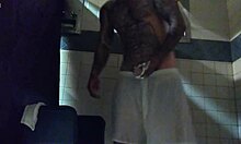 Stroking big tatted white dick in the shower