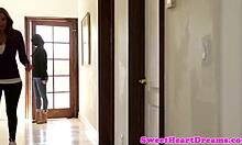 Adorable lesbian teen boldly scissoring with milf.