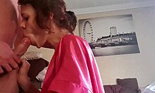 Early morning petite mommy gives a sloppy blowjob and handjob till cumshot