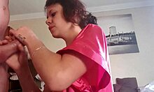 Early morning petite mommy gives a sloppy blowjob and handjob till cumshot