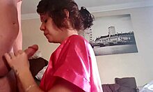 Early morning petite mommy gives a sloppy blowjob and handjob till cumshot