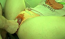 He rubs his dick on her orange panties and cums in her stepsister's pussy