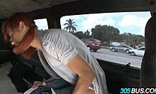 This super hot redhead got fucked on the bus for cash. She sucked guys off in public humiliation outdoors.