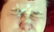 Amateur babe gets her face covered in cum after wild session. Sticky mess everywhere!