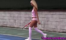 Small Tits Tennis Teen Rubs Intensely in Outdoor Stockings