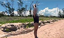 Wife Dares to Play Football Nude on a Public Clothed Beach.