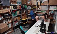 skinny petite brunette teen caught shoplifting at the office offers to work off her debt with small tits exposed.