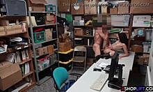 skinny petite brunette teen caught shoplifting at the office offers to work off her debt with small tits exposed.