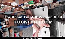 A teen shoplifter suspect gets confronted by a loss prevention officer in the office, leading to hardcore doggystyle with a monster cock