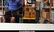 A teen shoplifter suspect gets confronted by a loss prevention officer in the office, leading to hardcore doggystyle with a monster cock