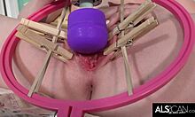 Petite blonde teen spreads her tight pussy for a high-powered vibrator in college solo