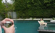 Intensely fucking girlfriend's massive tits in bikini outdoors.