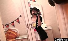 in this dagfs video, a sexy caribbean pirate girl strips for the webcam, showing her small tits and ass