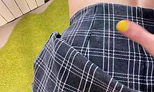 She bends over for a blowjob, then missionary, cowgirl, and doggystyle with a monster cock, cumming on her skirt