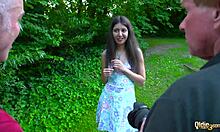 hot brunette swallows cum from 2 old guys 😈