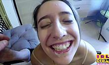 cfnm dirty talking teen 18+ jerks and blows cock for facial