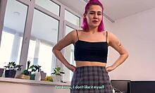 She bends over for a blowjob, then missionary, cowgirl, and doggystyle with a monster cock, cumming on her skirt