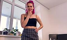 She bends over for a blowjob, then missionary, cowgirl, and doggystyle with a monster cock, cumming on her skirt