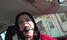 I'm driving around ball gagged, feeling the public humiliation as a bound brunette slut. It's wild out here on the streets!