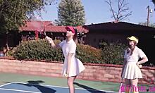 Hot teen 18+ bffs fucked hard by their tennis coach in outdoor sex with juicy ass, big cock, small 18+ tits, young 18+, big ass, teen 18+, monster cock.