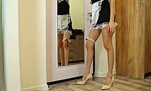 cleaning up while teasing pussy with a dildo in shorts