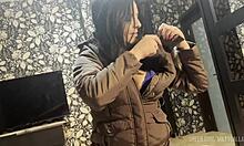 Milfycalla covered in cum on brown fur hooded puffer jacket.