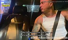 Blonde guy takes big cock bareback in car during drive