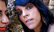 Two hot cute brunettes engage in a crazy threesome at the beach, deepthroating and riding in cowgirl.