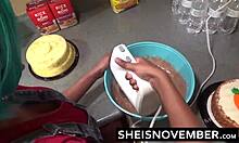 Step brother convinces cute ebony step sister to bend over for kitchen sex and head.