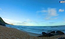 Amateur latina teen in tiny bikini exposes her tight pussy on public beach and invites stranger for hardcore fucking