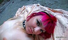 Petite European teeny redhead opens her ass for stranger in public outdoor hardcore