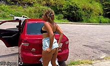 blonde bbw touches herself in public car