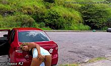 blonde bbw touches herself in public car