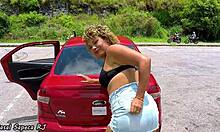 blonde bbw touches herself in public car