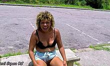 blonde bbw touches herself in public car