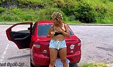 blonde bbw touches herself in public car