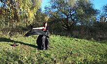 leylakh's outdoor dance in lingerie and bikini, showing off natural tits in public