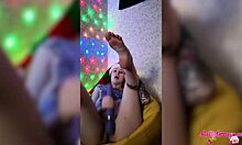 hot redhead tattooed girl intensely masturbating with vibrator after christmas party