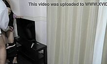 Young couple has sex in living room before school.